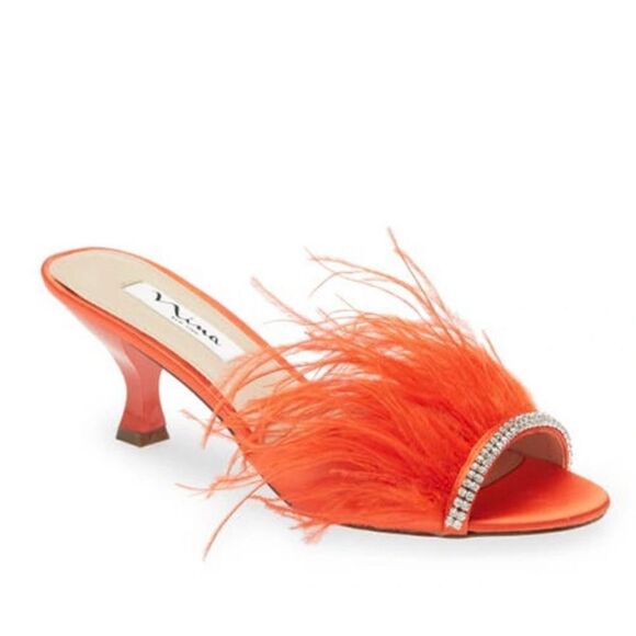 Nina Sandals Womens Size 6 Red Feather Embellished Slip On Open Toe Shoes - Picture 10 of 10